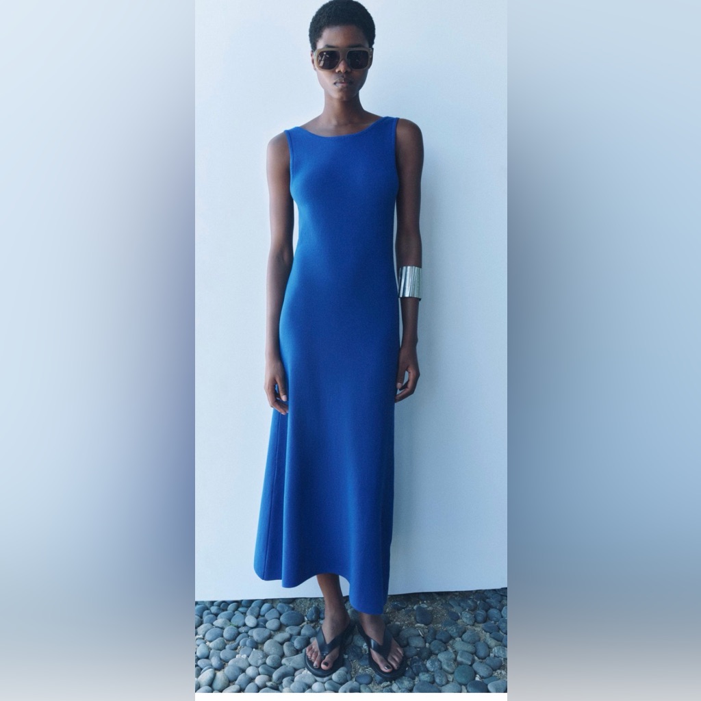 Nwt. Zara Bluish Viscose Blend Knit Midi Dress With Open Back. Size L